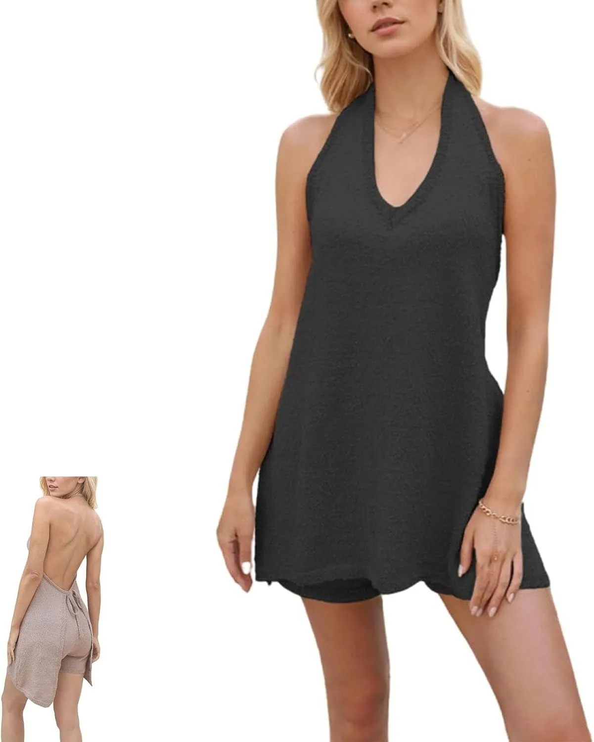 2025 Knit Backless Halter Top and Shorts Set, Womens Summer Two Piece Sets Beach Vacation Outfits