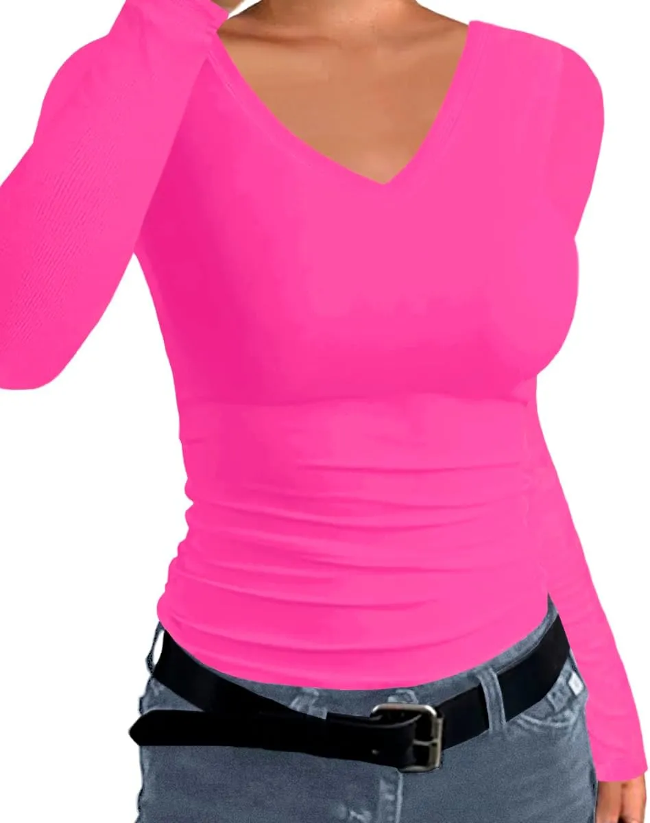 Afibi Women Ribbed Long Sleeve V Neck Slim Fit Stretchy Basic T Shirts Tops