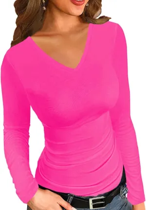 Afibi Women Ribbed Long Sleeve V Neck Slim Fit Stretchy Basic T Shirts Tops