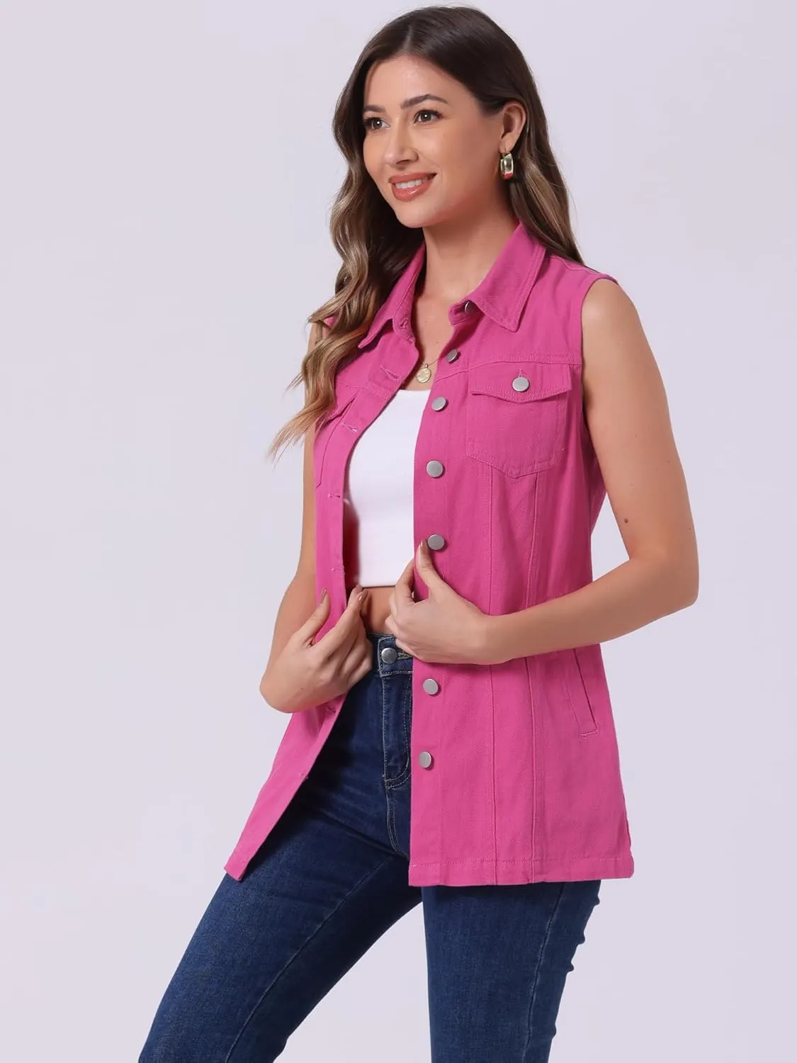 Allegra K Women's Denim Vest Sleeveless Button Down Waistcoat Casual Long Jean Vests