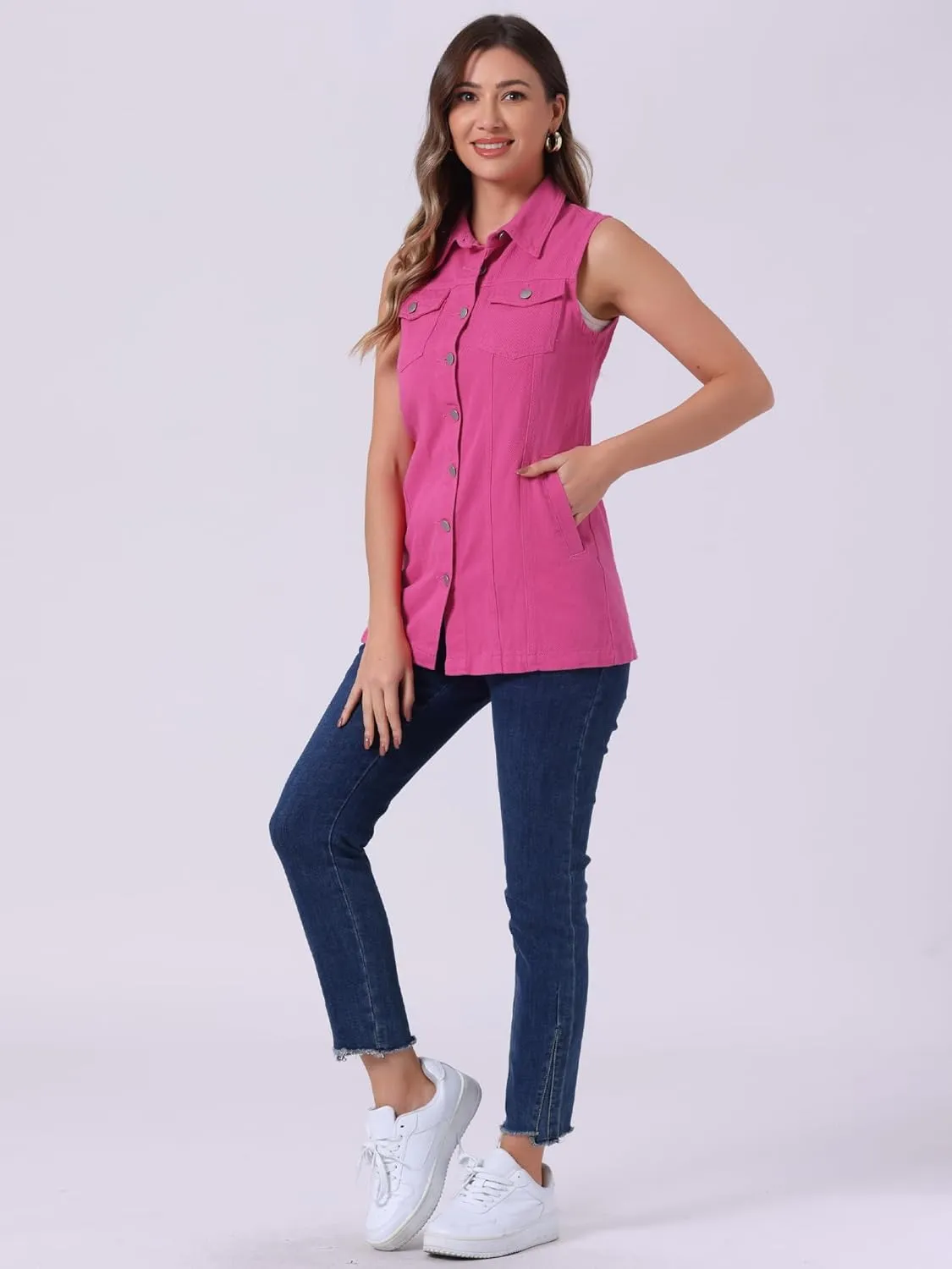 Allegra K Women's Denim Vest Sleeveless Button Down Waistcoat Casual Long Jean Vests
