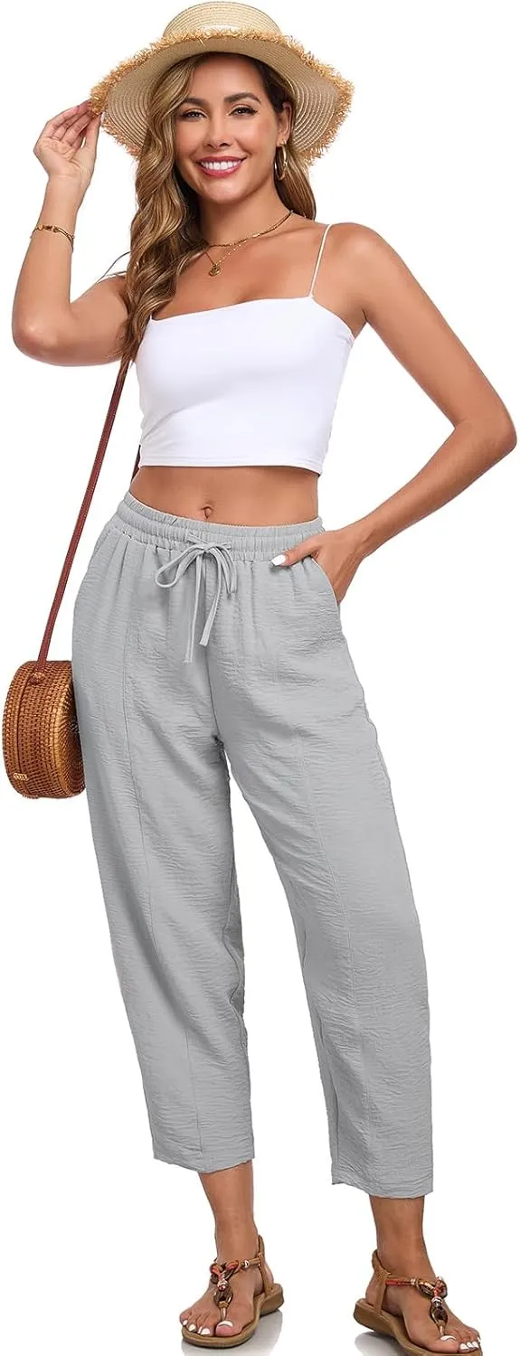 ALSOGO Womens High Waisted Baggy Pants Casual Ankle Length Pants Palazzo Trousers Slacks with Pockets Summer