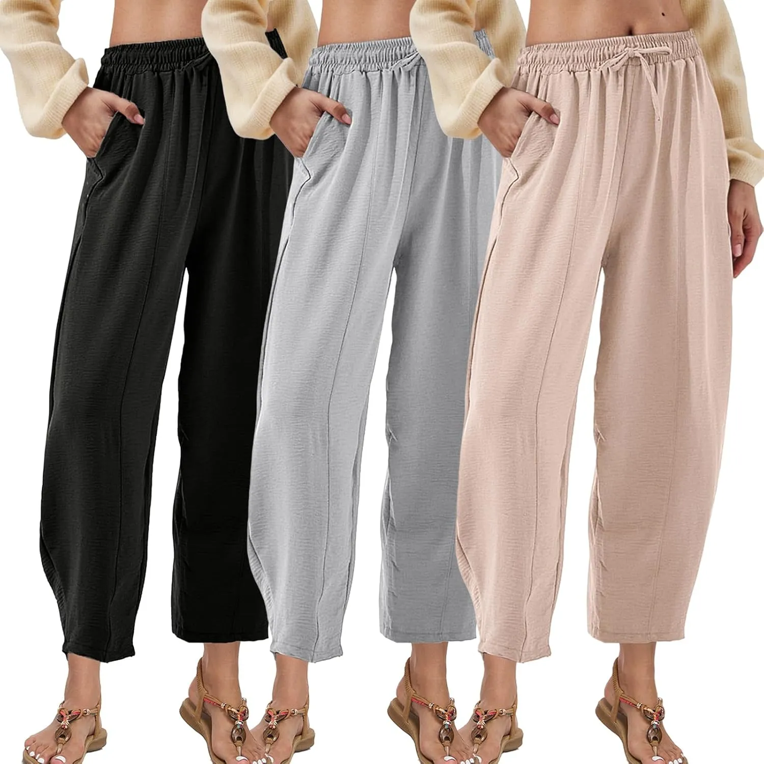 ALSOGO Womens High Waisted Baggy Pants Casual Ankle Length Pants Palazzo Trousers Slacks with Pockets Summer