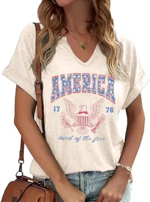 American Flag Shirts Women 4th of July V-Neck Short Sleeve Patriotic T-Shirt Color Block Short Sleeve Summer Tops