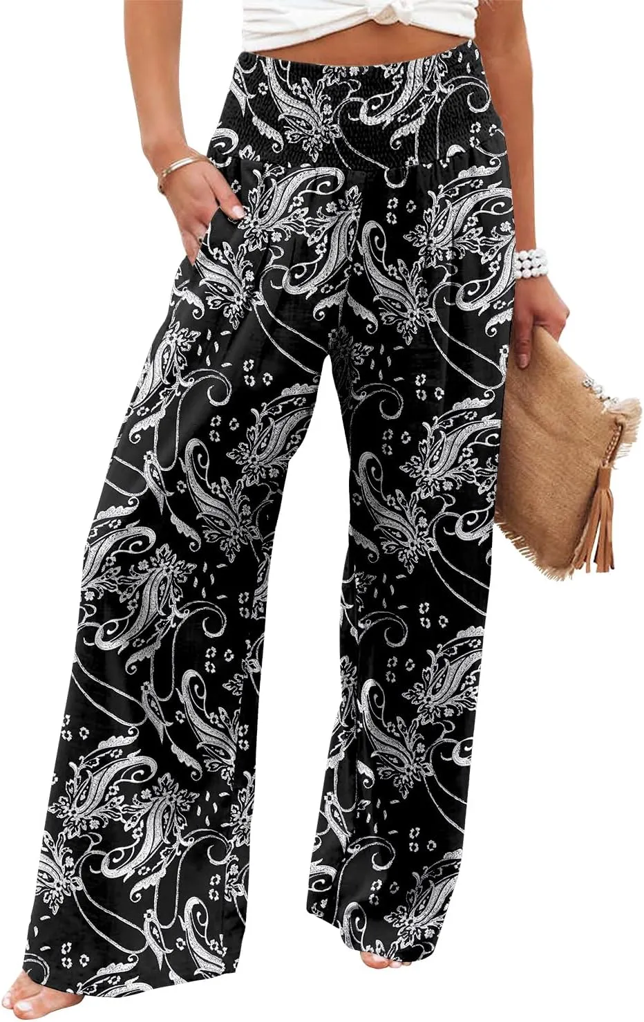 Angerella Womens Elastic High Waisted Palazzo Pants Casual Wide Leg Long Lounge Pant Trousers with Pocket