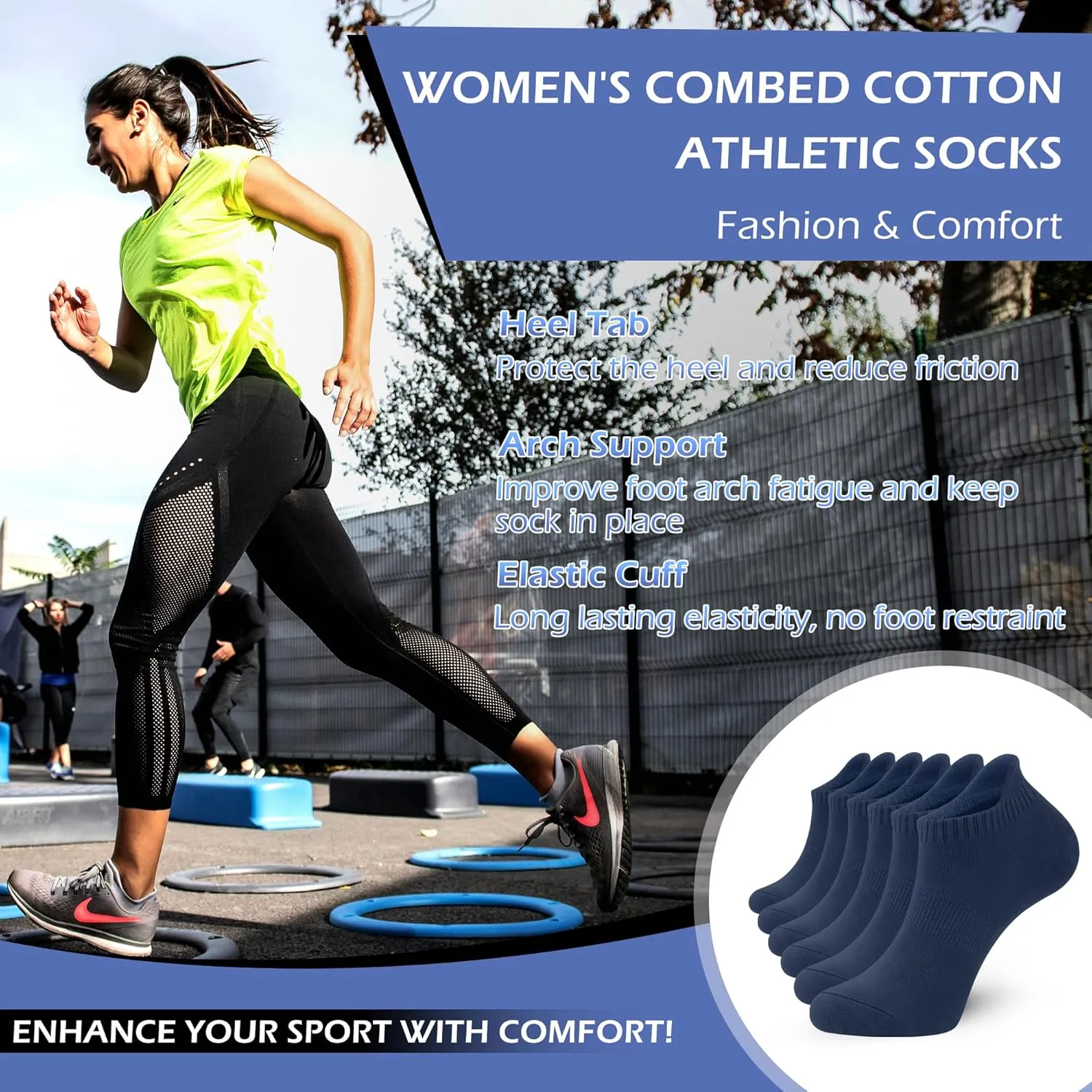 Ankle Thin Socks Womens Combed Cotton Low Cut Athletic No Show Running Socks With Heel Tab 6 Pairs