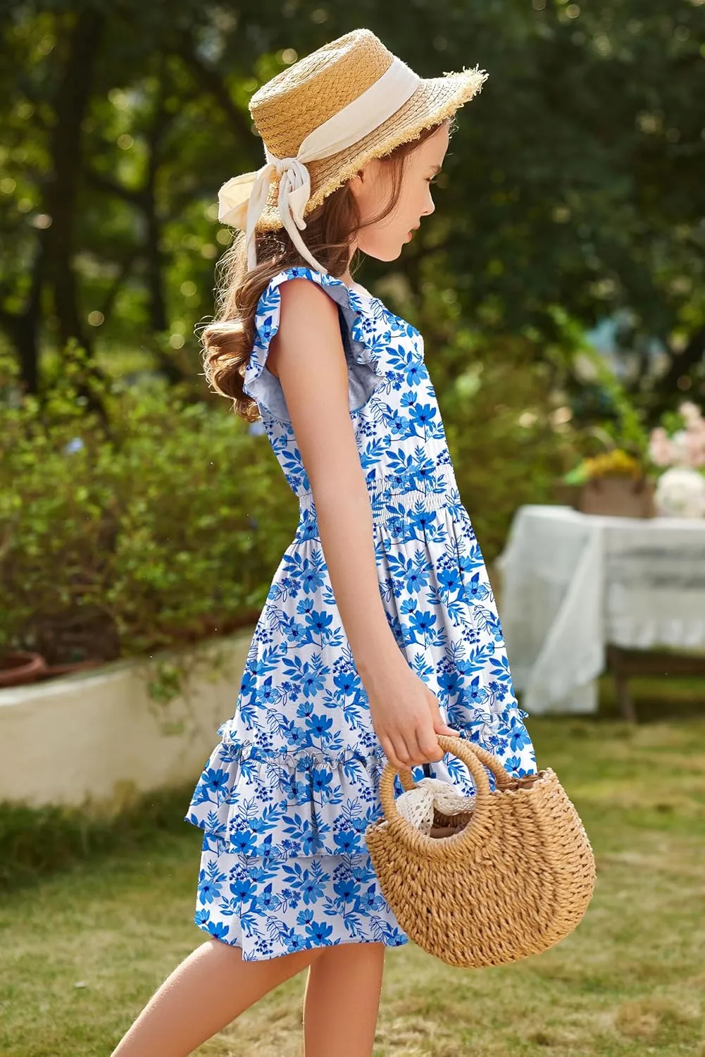 Arshiner Girls Dresses Flutter Sleeve A-Line Sundress Casual Summer Tiered Swing Midi Pocket Dress
