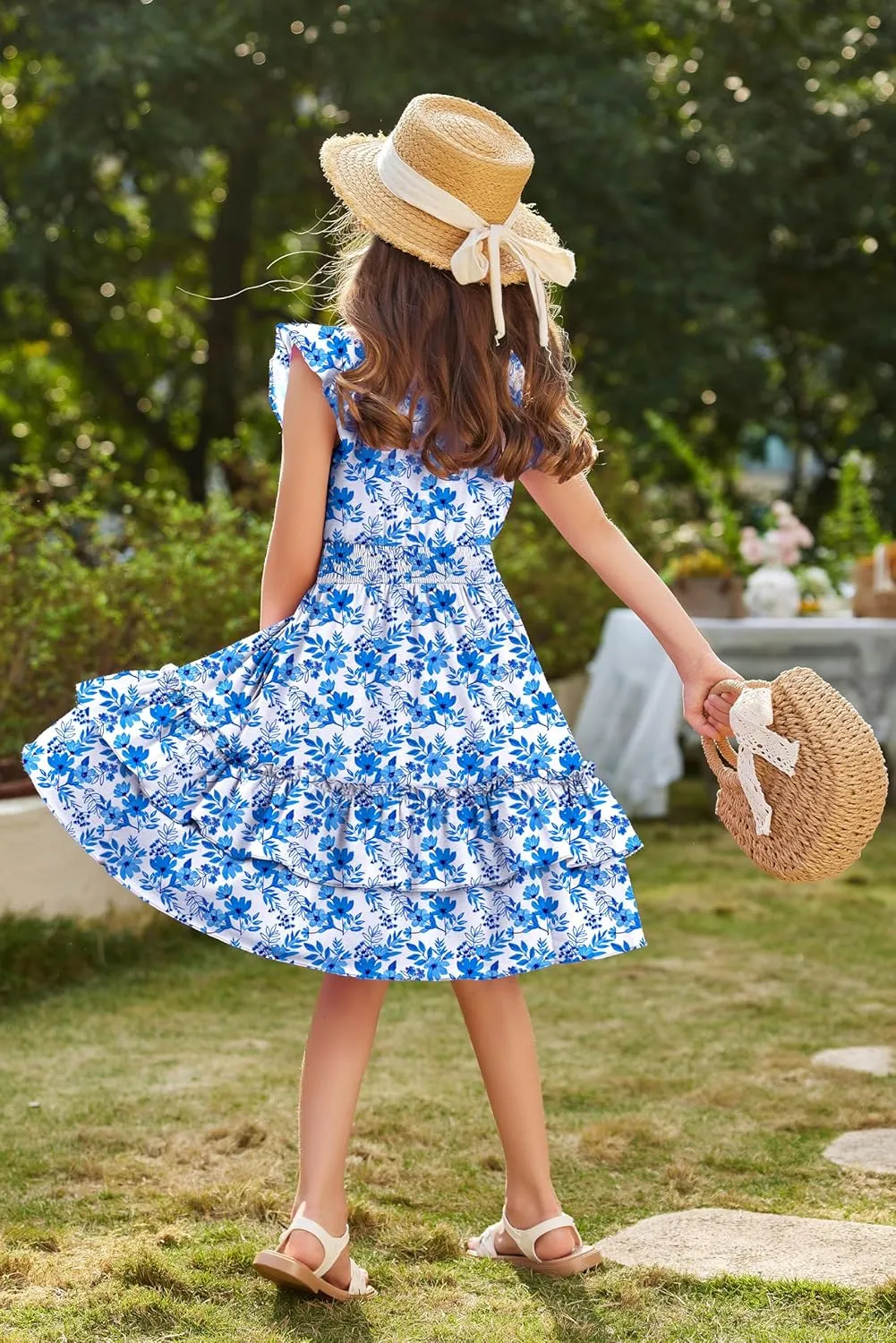 Arshiner Girls Dresses Flutter Sleeve A-Line Sundress Casual Summer Tiered Swing Midi Pocket Dress