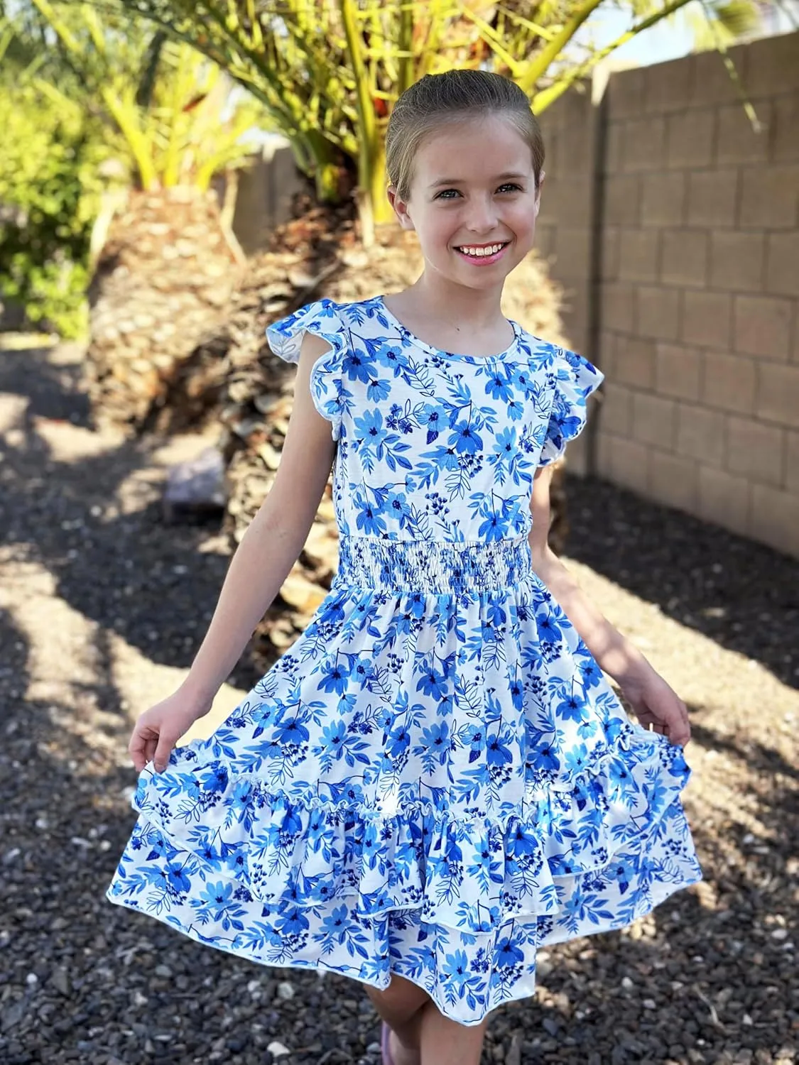 Arshiner Girls Dresses Flutter Sleeve A-Line Sundress Casual Summer Tiered Swing Midi Pocket Dress