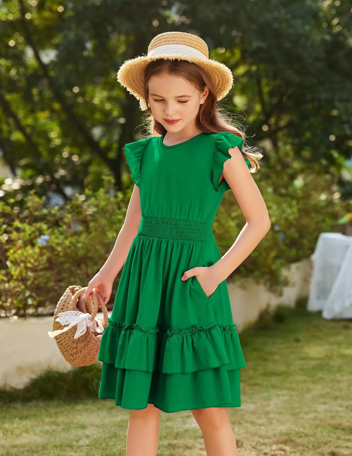 Arshiner Girls Dresses Flutter Sleeve A-Line Sundress Casual Summer Tiered Swing Midi Pocket Dress