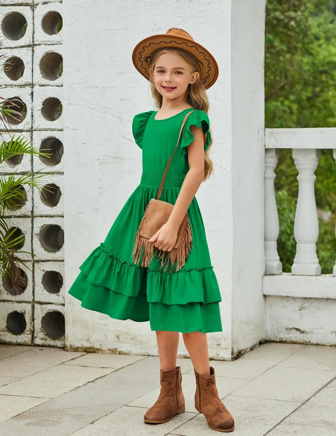 Arshiner Girls Dresses Flutter Sleeve A-Line Sundress Casual Summer Tiered Swing Midi Pocket Dress