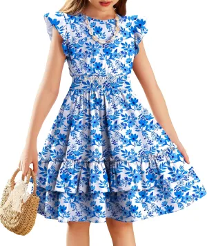 Arshiner Girls Dresses Flutter Sleeve A-Line Sundress Casual Summer Tiered Swing Midi Pocket Dress
