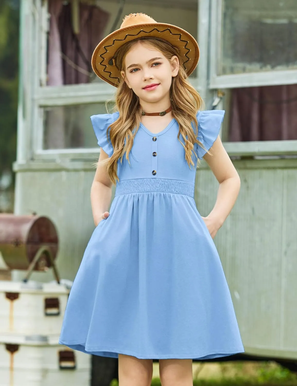 Arshiner Girls Dresses Ruffle Sleeve A-Line V-Neck Sundress Summer Swing Midi Dress with Pockets