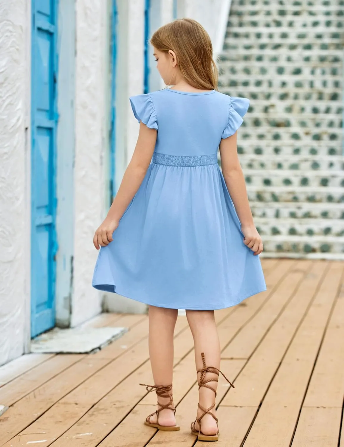 Arshiner Girls Dresses Ruffle Sleeve A-Line V-Neck Sundress Summer Swing Midi Dress with Pockets
