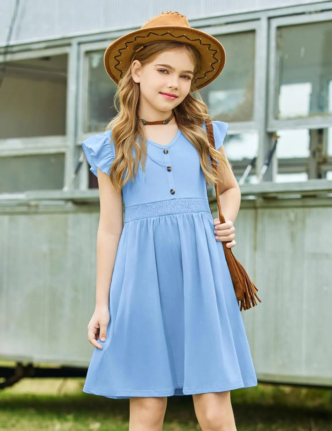 Arshiner Girls Dresses Ruffle Sleeve A-Line V-Neck Sundress Summer Swing Midi Dress with Pockets