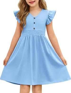 Arshiner Girls Dresses Ruffle Sleeve A-Line V-Neck Sundress Summer Swing Midi Dress with Pockets