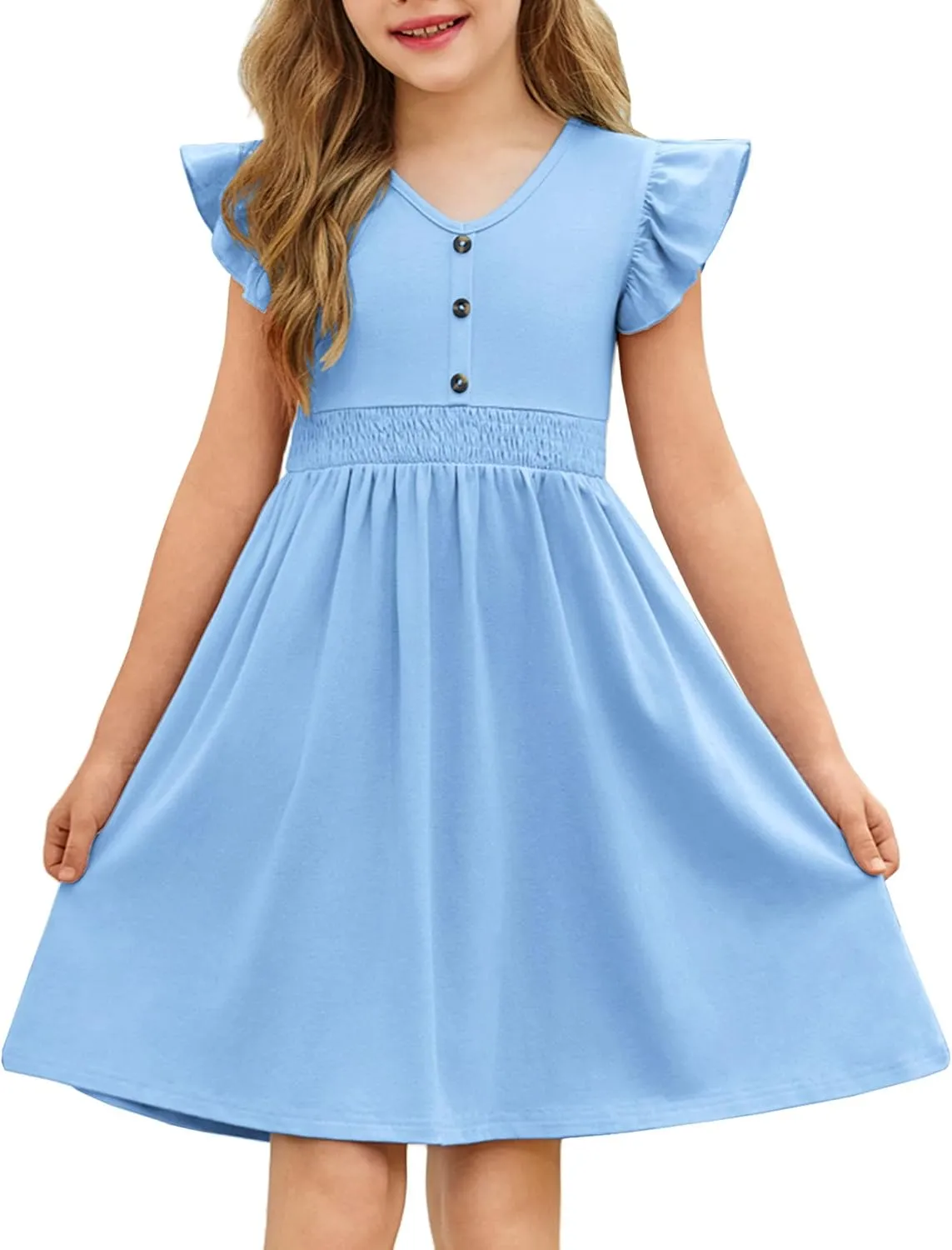 Arshiner Girls Dresses Ruffle Sleeve A-Line V-Neck Sundress Summer Swing Midi Dress with Pockets