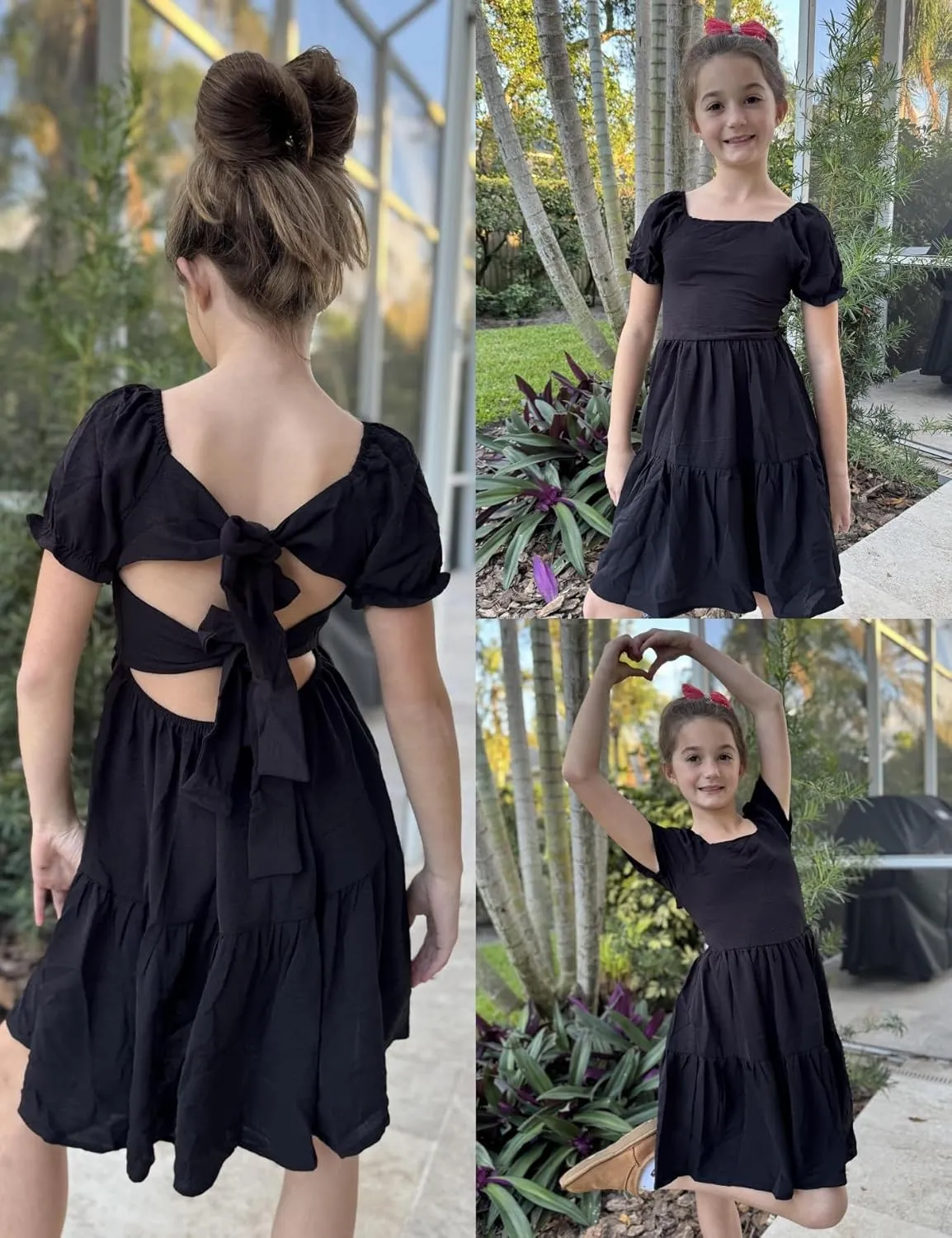 Arshiner Girls Summer Dress Tie Back Short Sleeve Square Neck Tiered Midi Casual Dresses with Pockets