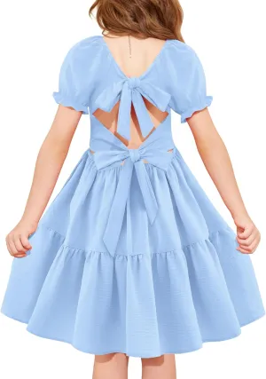 Arshiner Girls Summer Dress Tie Back Short Sleeve Square Neck Tiered Midi Casual Dresses with Pockets