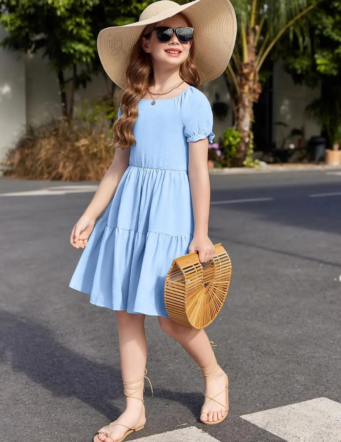 Arshiner Girls Summer Dress Tie Back Short Sleeve Square Neck Tiered Midi Casual Dresses with Pockets