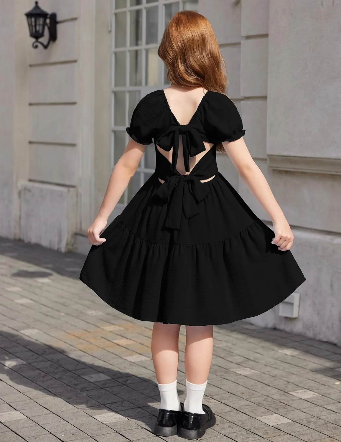 Arshiner Girls Summer Dress Tie Back Short Sleeve Square Neck Tiered Midi Casual Dresses with Pockets