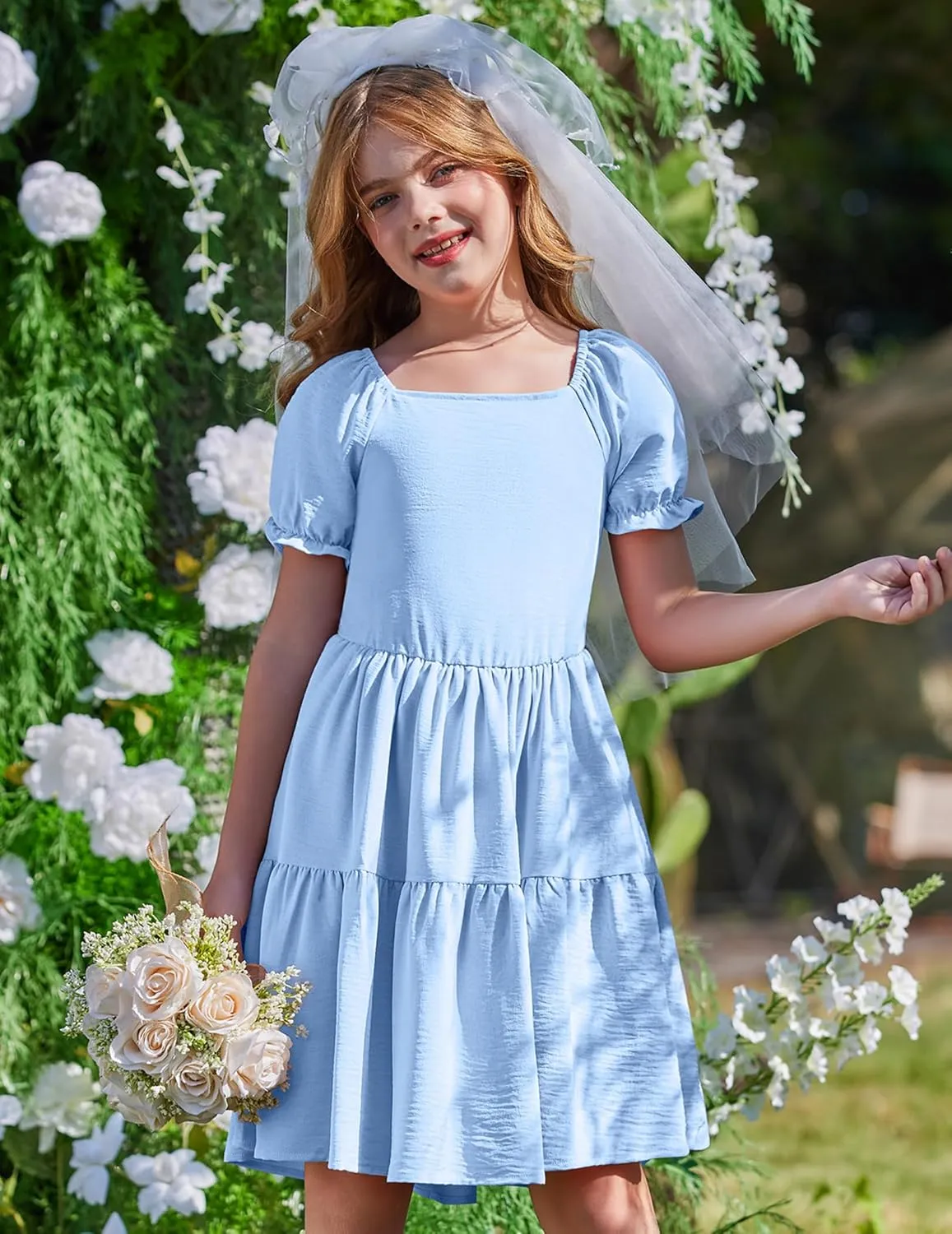 Arshiner Girls Summer Dress Tie Back Short Sleeve Square Neck Tiered Midi Casual Dresses with Pockets