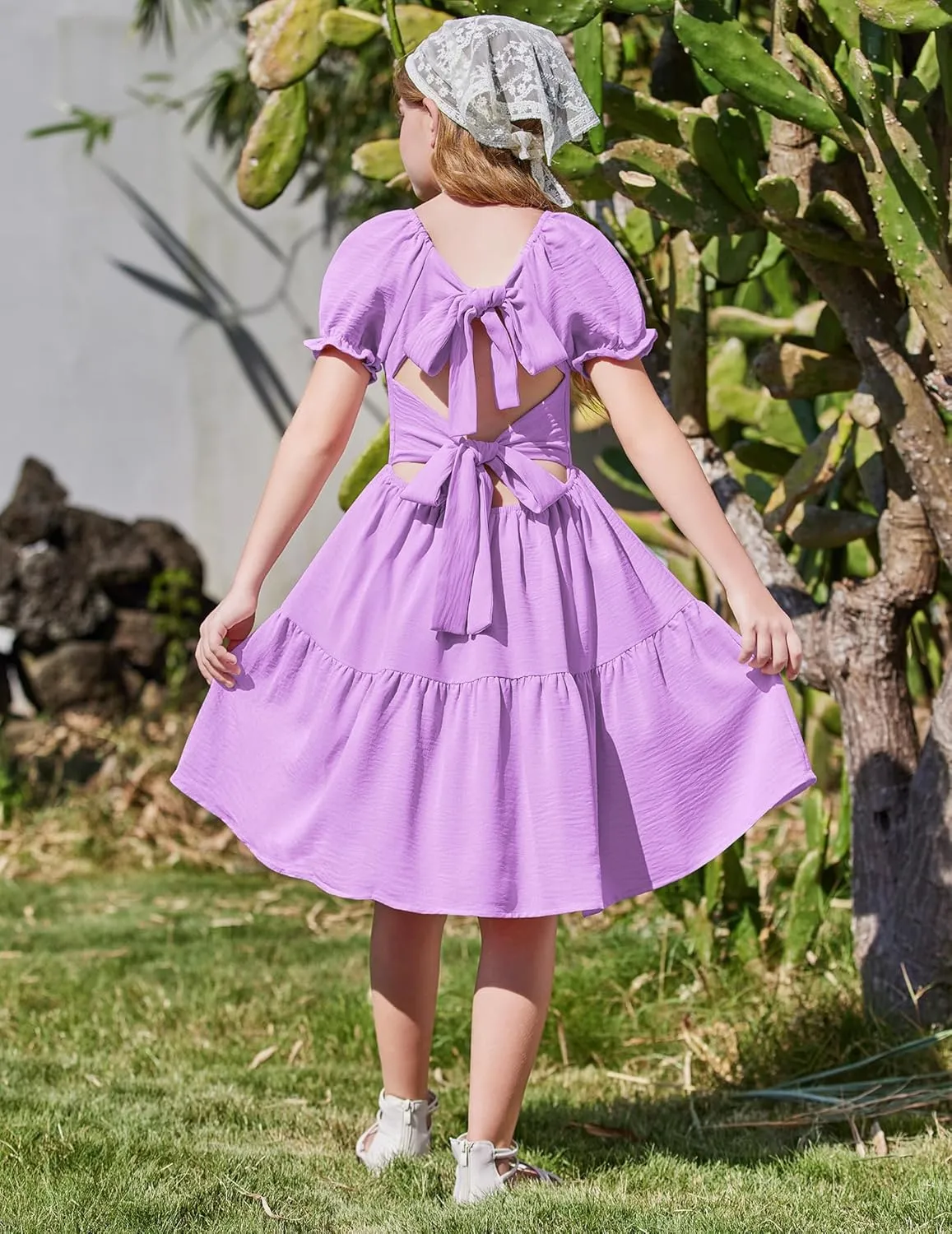 Arshiner Girls Summer Dress Tie Back Short Sleeve Square Neck Tiered Midi Casual Dresses with Pockets