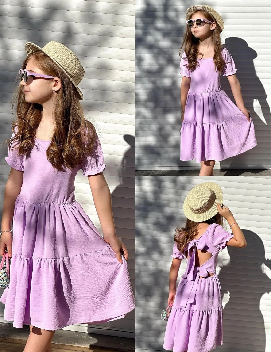 Arshiner Girls Summer Dress Tie Back Short Sleeve Square Neck Tiered Midi Casual Dresses with Pockets