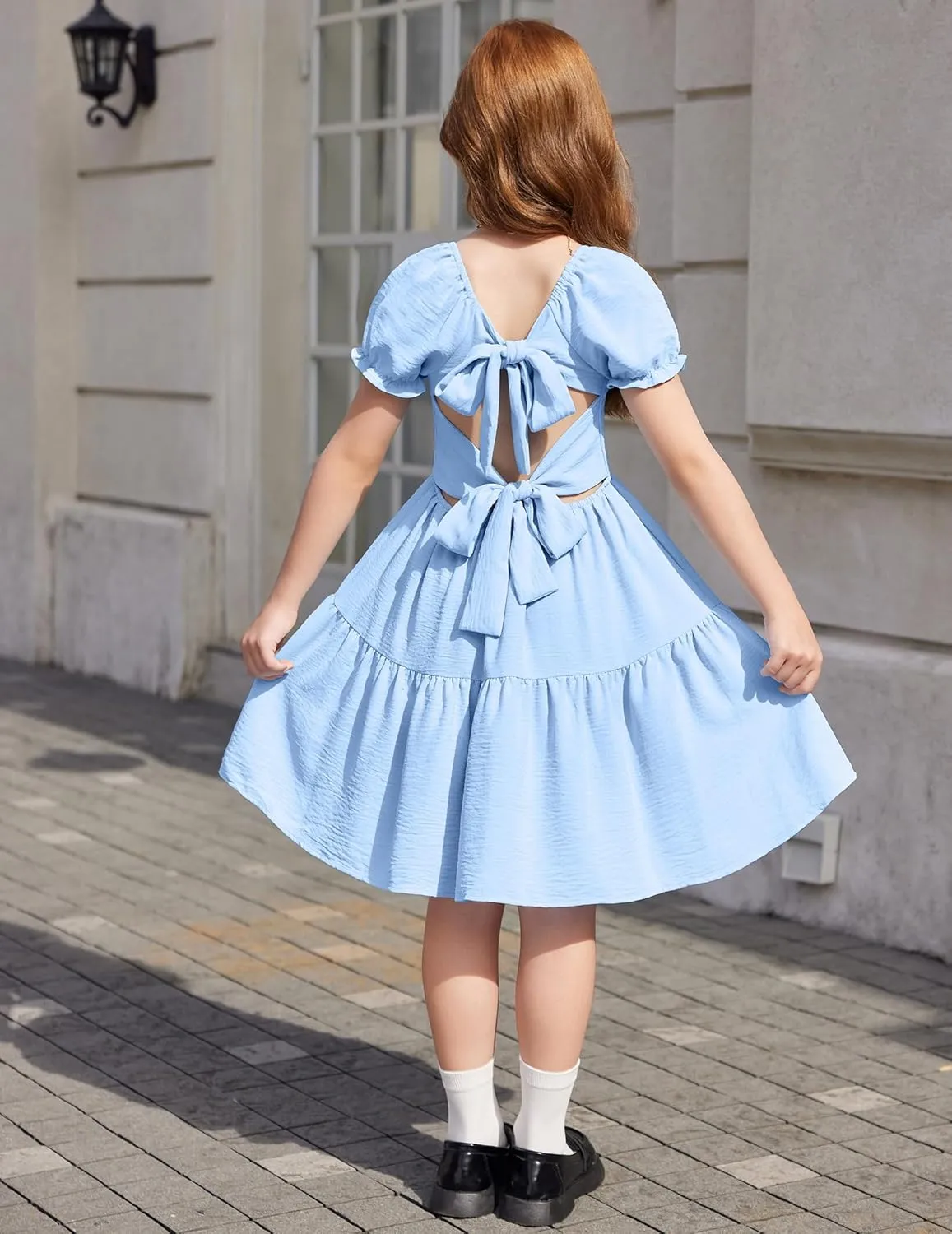 Arshiner Girls Summer Dress Tie Back Short Sleeve Square Neck Tiered Midi Casual Dresses with Pockets