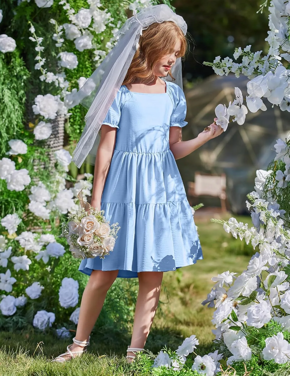 Arshiner Girls Summer Dress Tie Back Short Sleeve Square Neck Tiered Midi Casual Dresses with Pockets