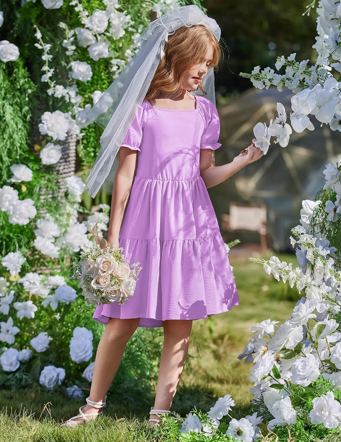 Arshiner Girls Summer Dress Tie Back Short Sleeve Square Neck Tiered Midi Casual Dresses with Pockets