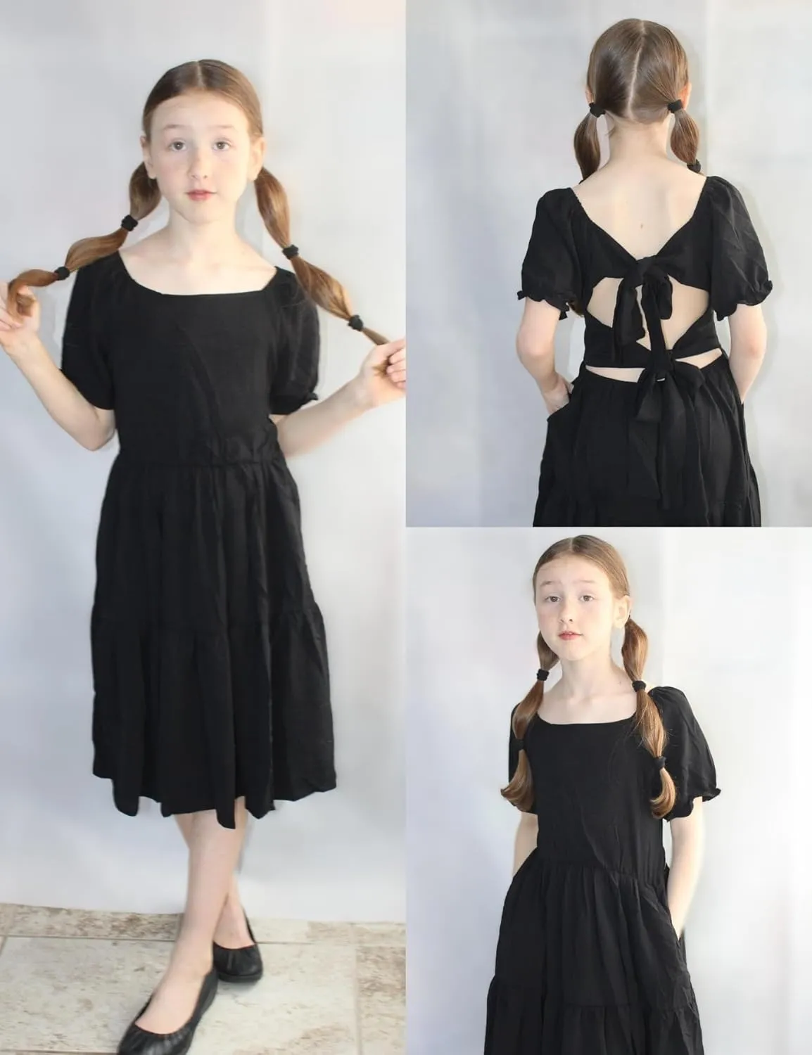 Arshiner Girls Summer Dress Tie Back Short Sleeve Square Neck Tiered Midi Casual Dresses with Pockets