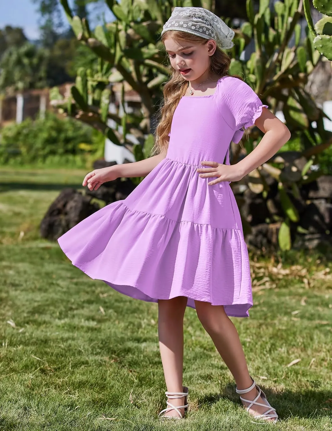 Arshiner Girls Summer Dress Tie Back Short Sleeve Square Neck Tiered Midi Casual Dresses with Pockets
