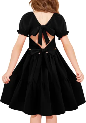 Arshiner Girls Summer Dress Tie Back Short Sleeve Square Neck Tiered Midi Casual Dresses with Pockets