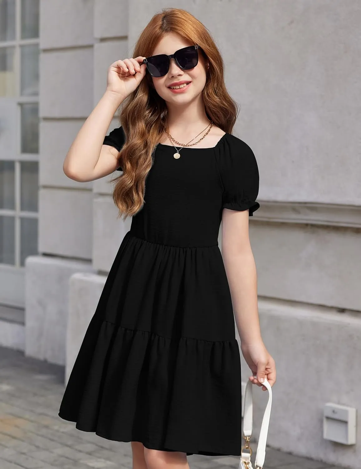 Arshiner Girls Summer Dress Tie Back Short Sleeve Square Neck Tiered Midi Casual Dresses with Pockets