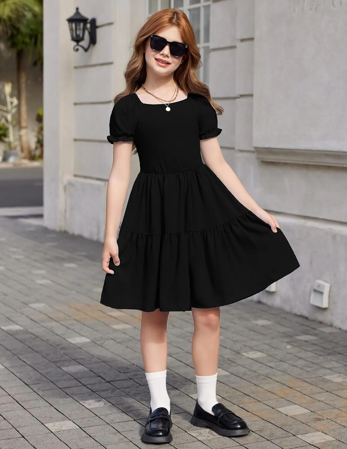 Arshiner Girls Summer Dress Tie Back Short Sleeve Square Neck Tiered Midi Casual Dresses with Pockets