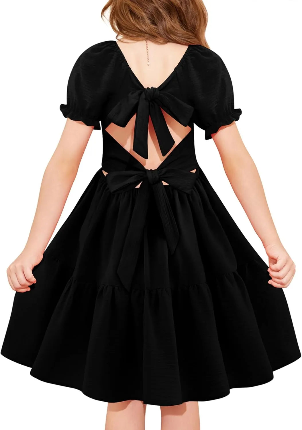 Arshiner Girls Summer Dress Tie Back Short Sleeve Square Neck Tiered Midi Casual Dresses with Pockets