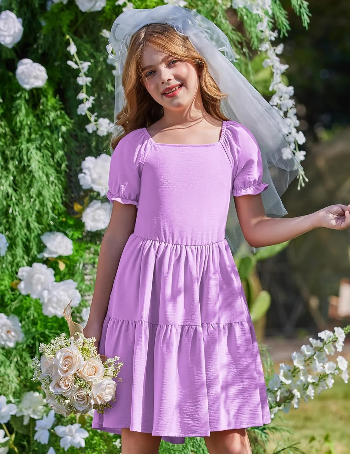 Arshiner Girls Summer Dress Tie Back Short Sleeve Square Neck Tiered Midi Casual Dresses with Pockets