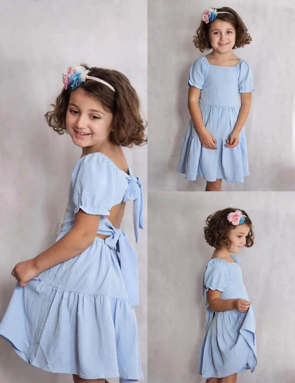 Arshiner Girls Summer Dress Tie Back Short Sleeve Square Neck Tiered Midi Casual Dresses with Pockets