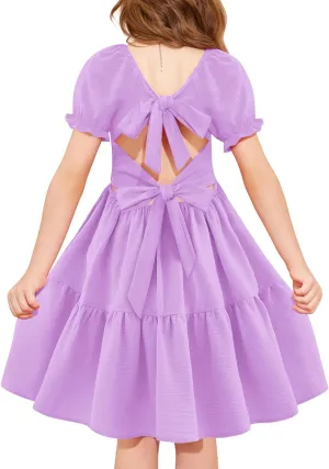 Arshiner Girls Summer Dress Tie Back Short Sleeve Square Neck Tiered Midi Casual Dresses with Pockets