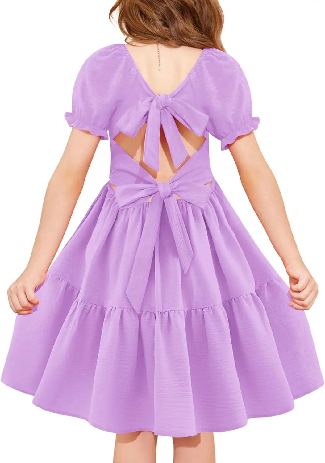 Arshiner Girls Summer Dress Tie Back Short Sleeve Square Neck Tiered Midi Casual Dresses with Pockets