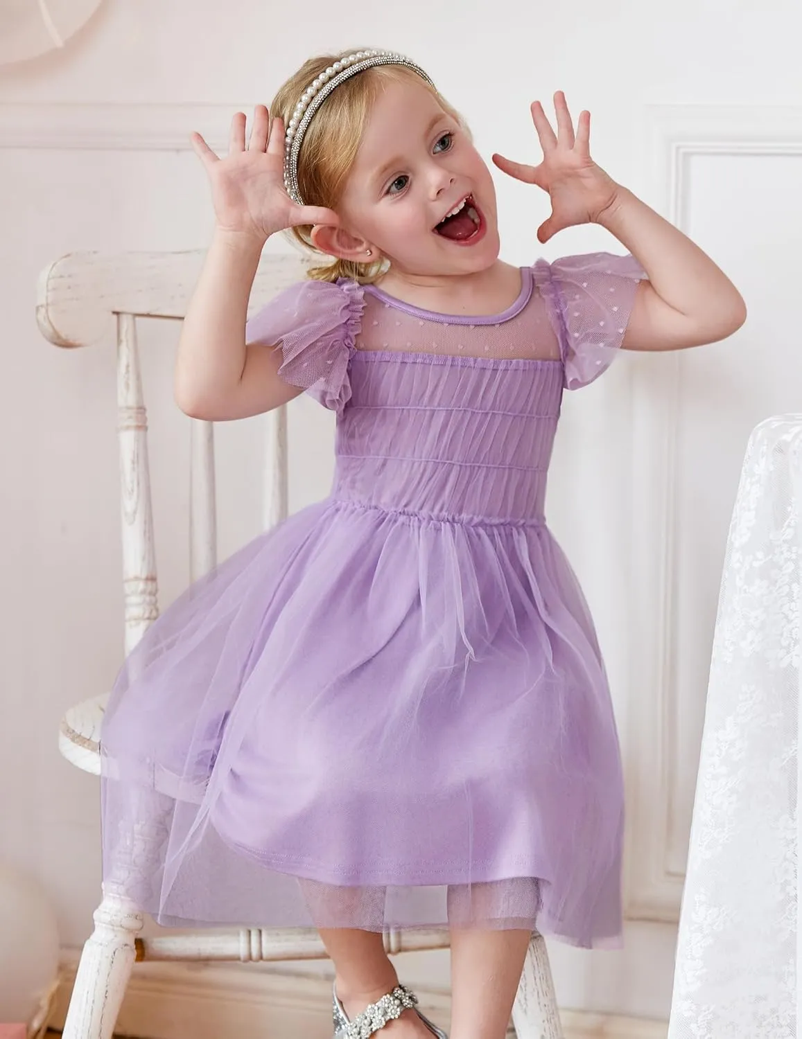 Arshiner Little Girl Dresses Contrast Mesh Ruffle Sleeve Birthday Holiday Princess Toddler Tulle Dress for 2-7 Years Old