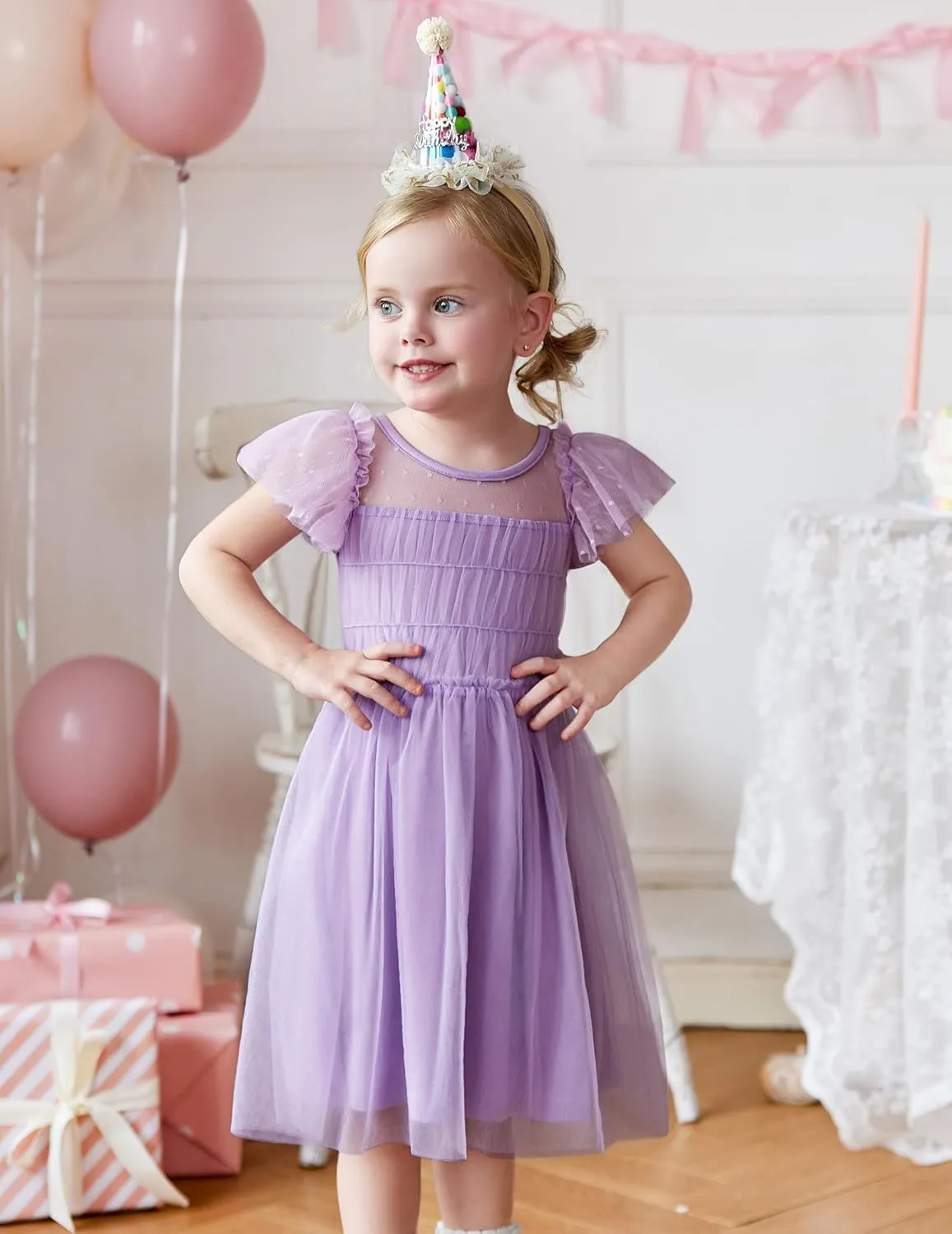 Arshiner Little Girl Dresses Contrast Mesh Ruffle Sleeve Birthday Holiday Princess Toddler Tulle Dress for 2-7 Years Old