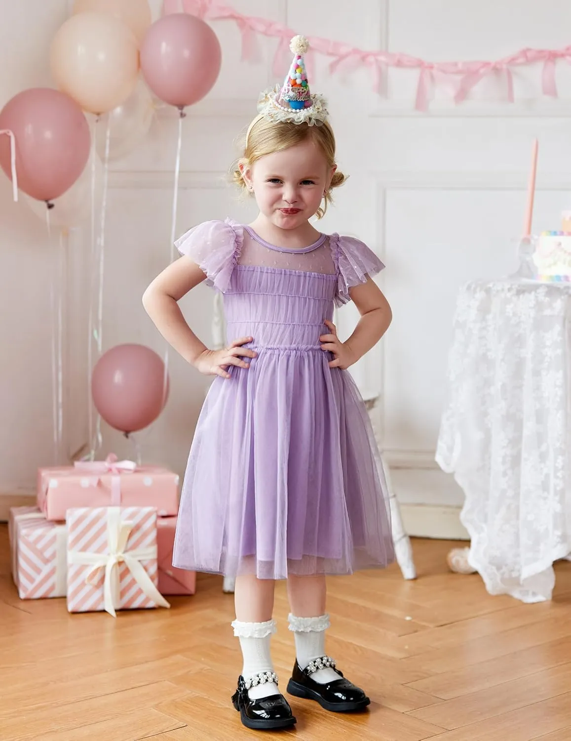 Arshiner Little Girl Dresses Contrast Mesh Ruffle Sleeve Birthday Holiday Princess Toddler Tulle Dress for 2-7 Years Old