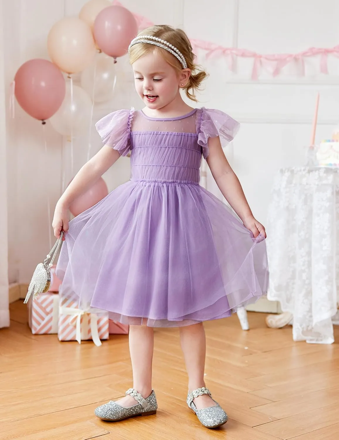 Arshiner Little Girl Dresses Contrast Mesh Ruffle Sleeve Birthday Holiday Princess Toddler Tulle Dress for 2-7 Years Old