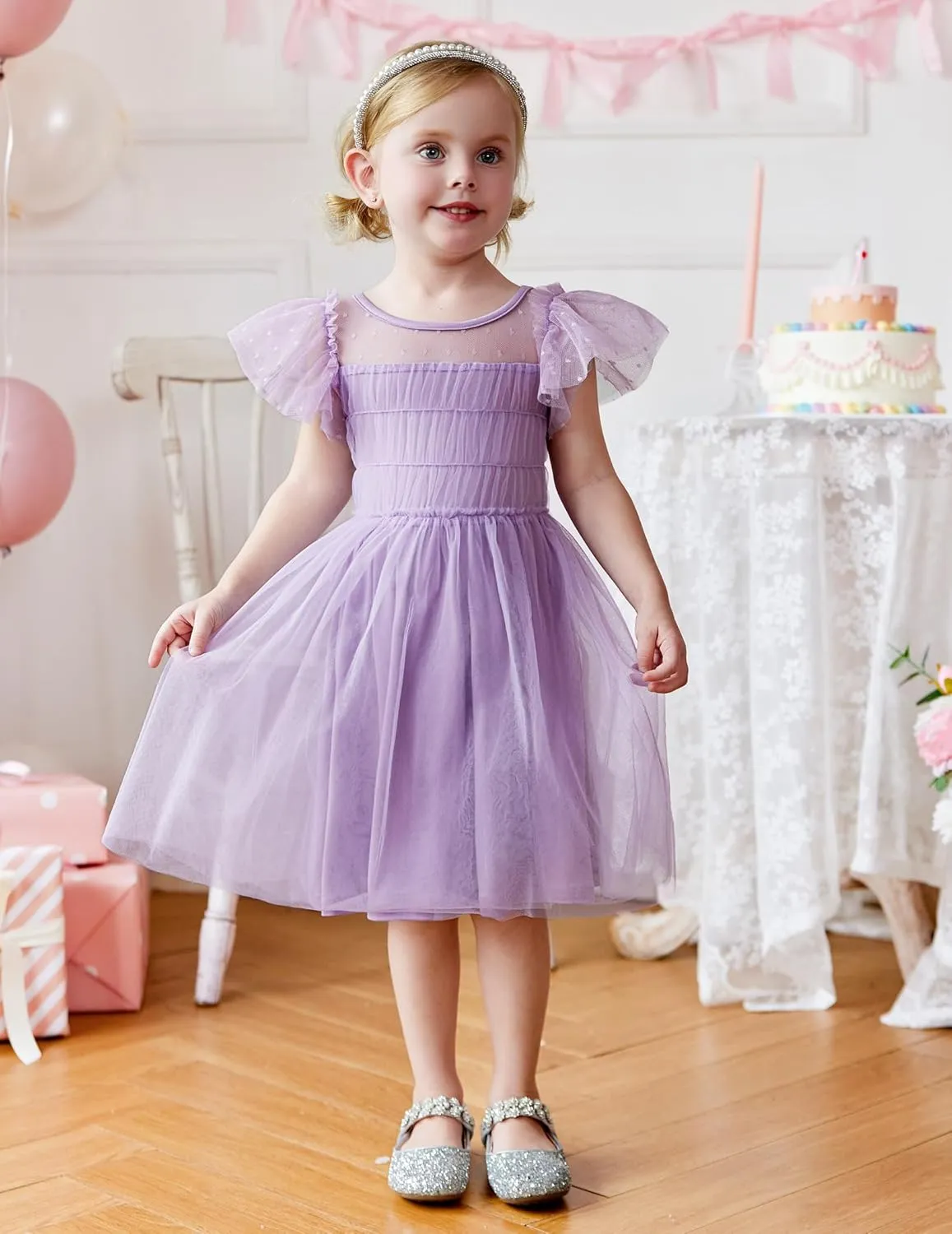 Arshiner Little Girl Dresses Contrast Mesh Ruffle Sleeve Birthday Holiday Princess Toddler Tulle Dress for 2-7 Years Old