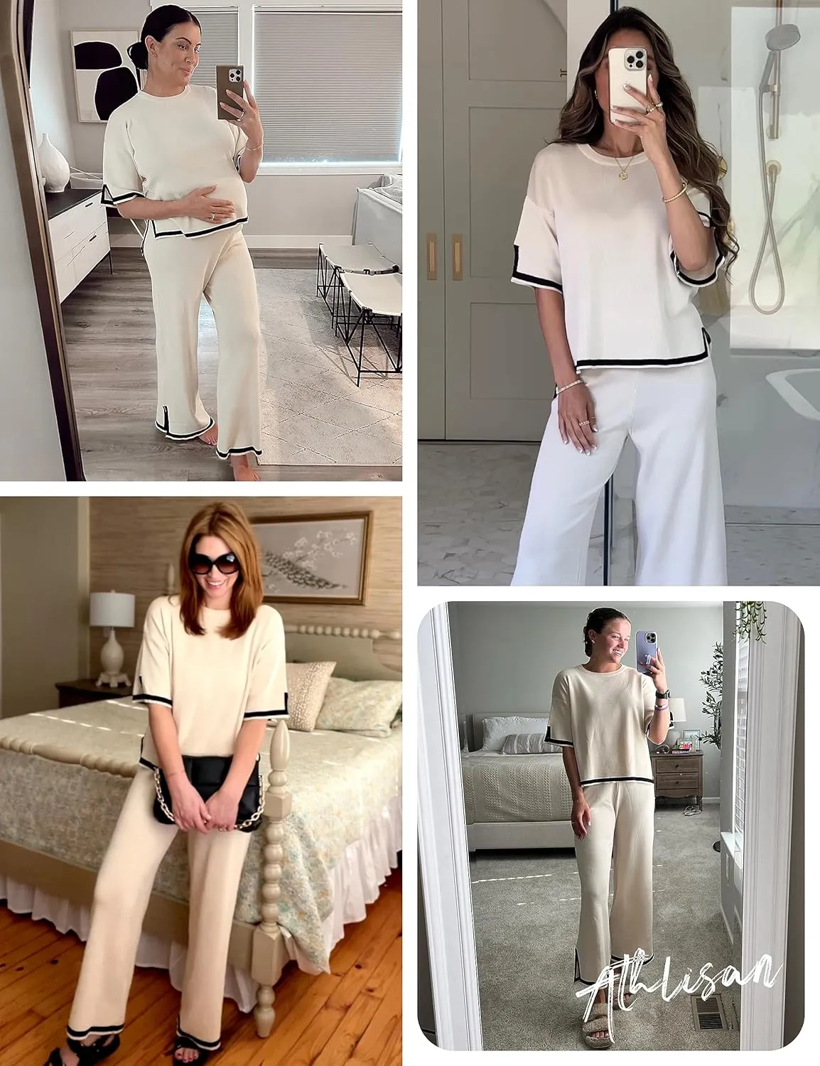 Athlisan Womens Knit Two Piece Outfits Sweater Sets Short Sleeve Pullover Tops Wide Leg Elastic Waist Pants Loungewear
