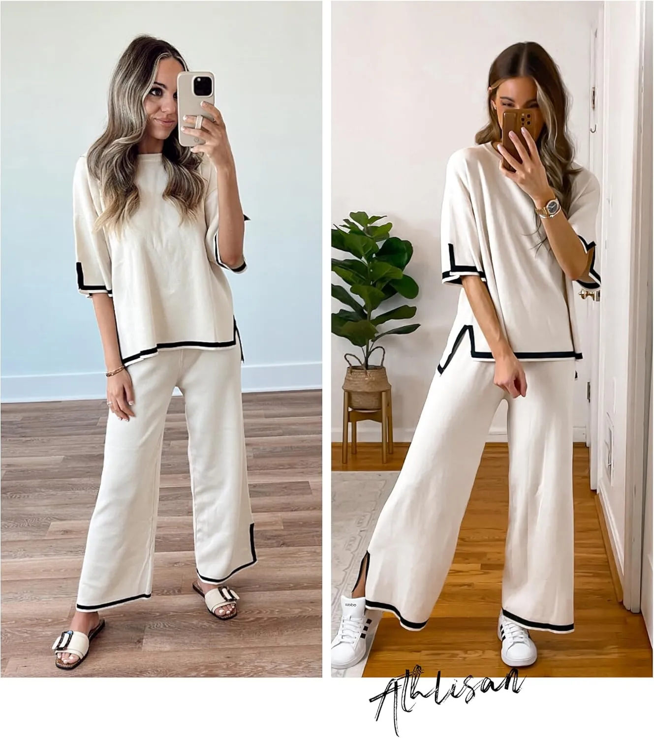 Athlisan Womens Knit Two Piece Outfits Sweater Sets Short Sleeve Pullover Tops Wide Leg Elastic Waist Pants Loungewear