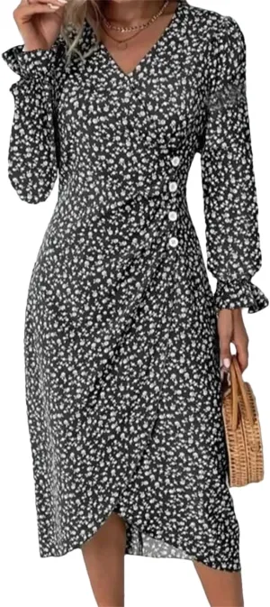Autumn Floral Bodycon Midi Dress for Women V Neck Long Sleeve Ruched Slim Fit Dresses Sexy Dresses
