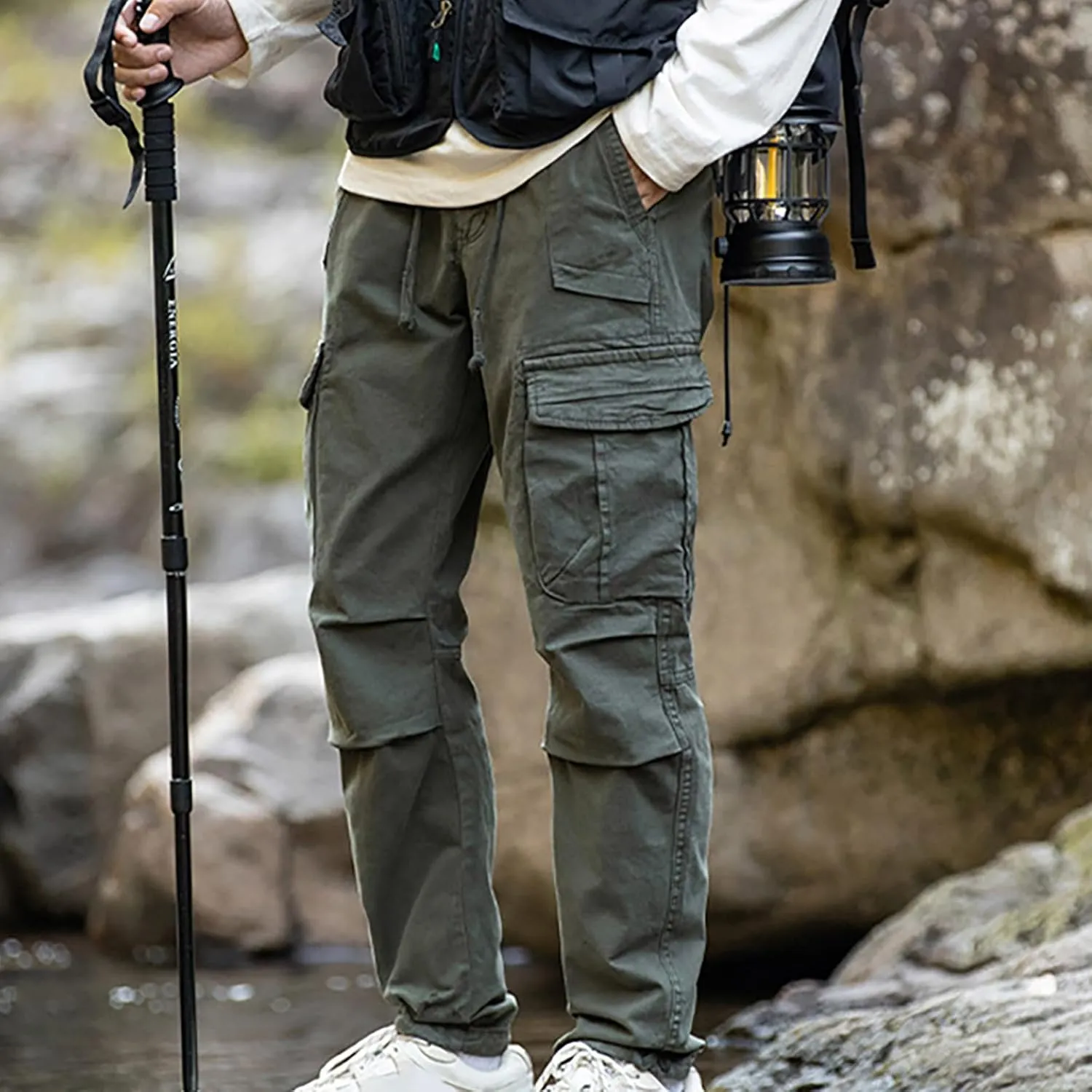Aymnlox Mens Casual Cargo Pants Drawstring Elastic Waist Cotton Trousers Wide Leg Joggers Fall Sweatpants with Multi Pockets